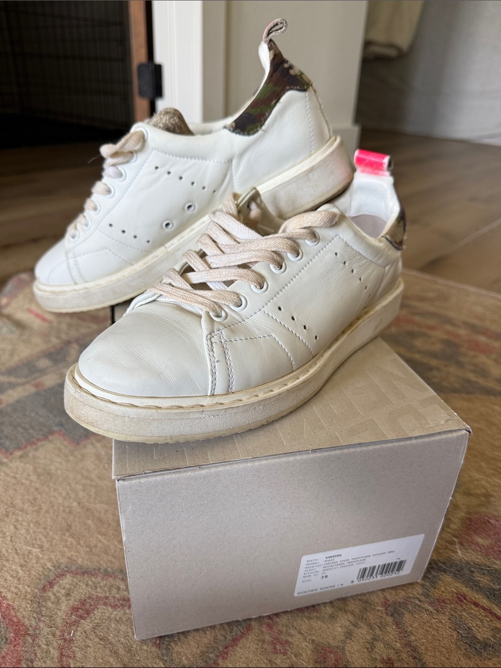 Golden Goose White Leather Starter Sneakers with Camo Heel and Pink Pull Tab